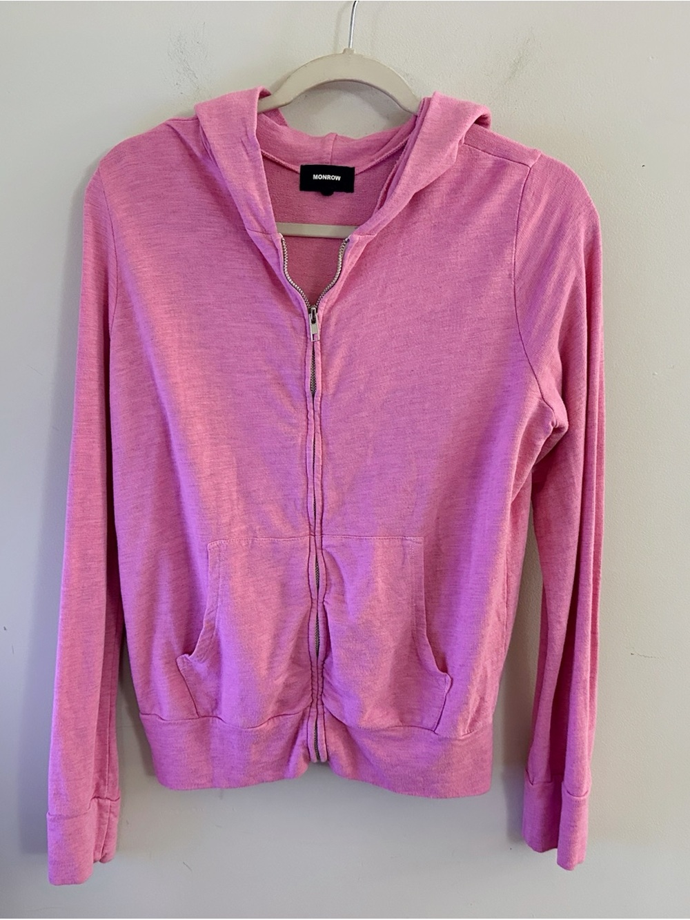 Monrow Pink Full Zip-Up Hoodie Preppy Relaxation Running Yoga Activewear Gym